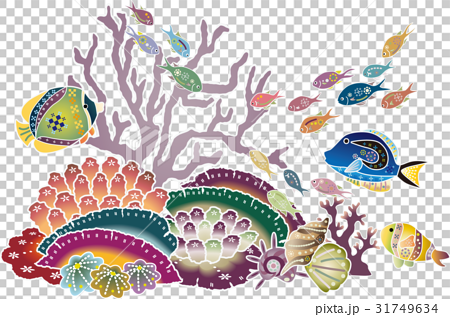 紅型風沖縄の海の生物 熱帯魚とサンゴのイラスト素材 31749634 Pixta