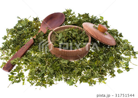Dried and ground celery greens in a wooden jar 31751544