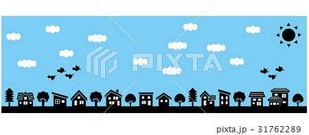 シンプルな家と木の並びシルエットロングバージョン 空と太陽と雲と鳥 のイラスト素材 31762289 Pixta