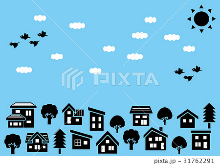 シンプルな家と木の並びシルエット 空と太陽と雲と鳥 のイラスト素材