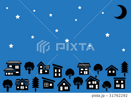 シンプルな家と木の並びシルエット 夜空に三日月と星 のイラスト素材