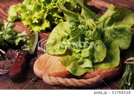 Raw green organic butter lettuce ready to chop on 31768538