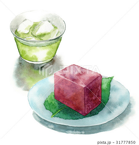 アナログ水彩冷たい緑茶と水ようかんのイラスト素材