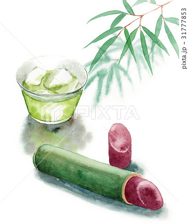 アナログ水彩冷たい緑茶と竹筒水ようかんのイラスト素材