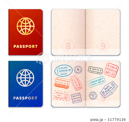 Realistic passport with stamp imprints on white 31779136