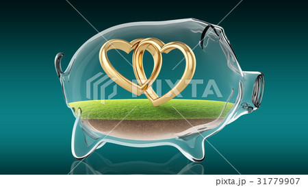 Wedding rings inside transparent piggy bank. 3d Wedding rings inside transparent piggy bank. 3d 31779907