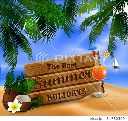 summer wooden sign on tropical beach background 31780509