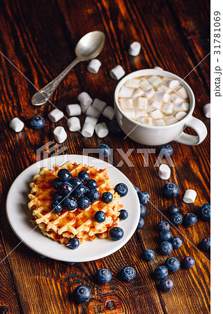 Waffles with Blueberry and Hot Chocolate. 31781069