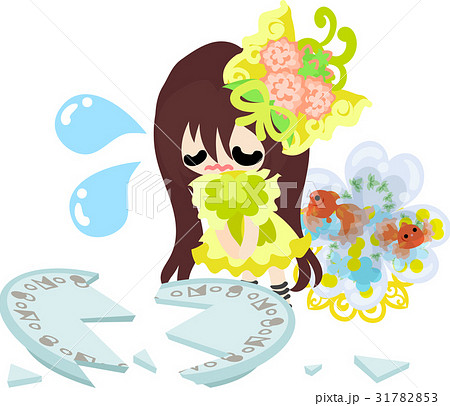 可愛い女の子と金魚鉢と割れたお皿のイラスト素材