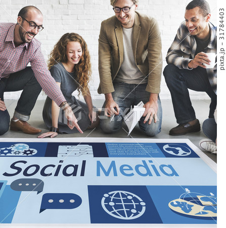 Workers working on banner network graphic overlay on floor 31784403