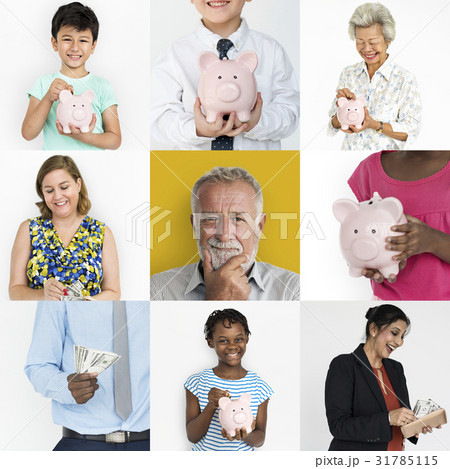 Collection of people saving money in piggy bank Collection of people saving money in piggy bank 31785115