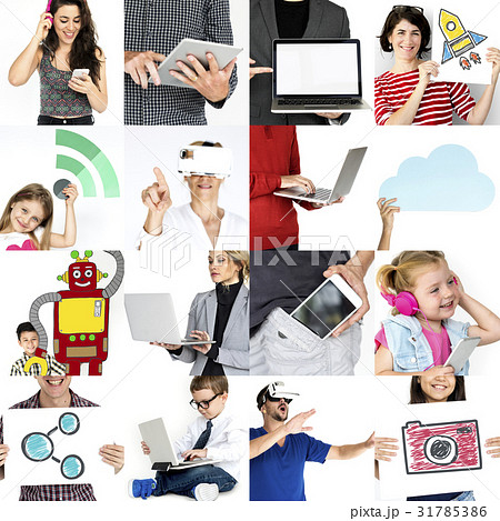 Set of Diversity People Using Digital Devices Technology Invention Studio Collage Set of Diversity People Using Digital Devices Technology Invention Studio Collage 31785386