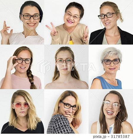 People Set of Diversity Women Wearing Eyeglasses Studio Collage 31785387