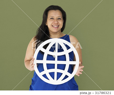 Black Hair Woman Holding Globe Number Studio Portrait Black Hair Woman Holding Globe Number Studio Portrait 31786321