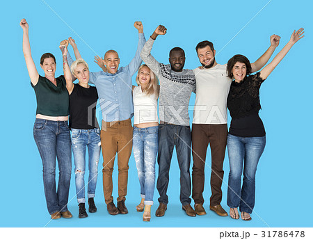 Happiness group of people huddle and arms raised smiling together 31786478