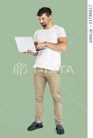 Adult Man Using Laptop Device Studio Portrait Adult Man Using Laptop Device Studio Portrait 31786617