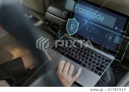 Hands working on laptop network graphic overlay 31787414