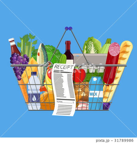 Plastic shopping basket full of groceries products Plastic shopping basket full of groceries products 31789986