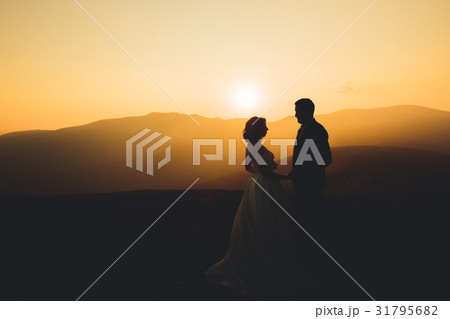 Beautiful wedding couple posing on top of a 31795682