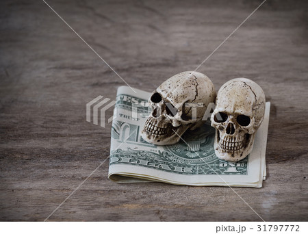 Still life skull and US dollar banknote on wood  31797772