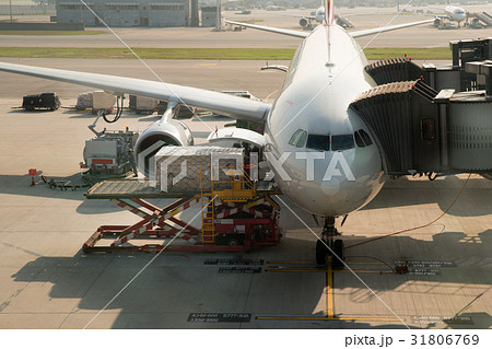 Loading cargo on plane in airport before flight. 31806769