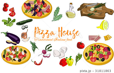 Hand drawn pizza house background with dishes  31811863