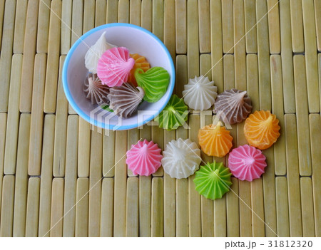 allure candy colorful thai dessert on bamboo plate 31812320