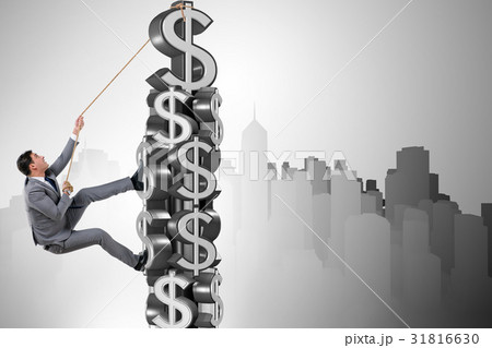 Businessman climbing dollar challenge tower Businessman climbing dollar challenge tower 31816630
