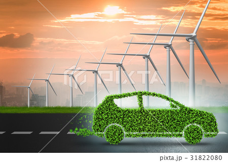 Electric car concept with windmills - 3d rendering Electric car concept with windmills - 3d rendering 31822080