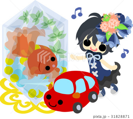 可愛い女の子と金魚鉢とおもちゃの車のイラスト素材 3171