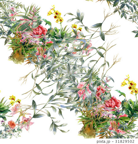 Watercolor painting of leaf and flowers pattern  31829502