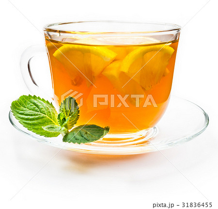 Isolated transparent cup of tea with lemon slice 31836455