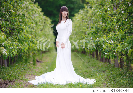 Woman in a white dress in the orchard 31840346