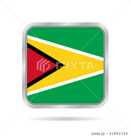 Flag of Guyana. Shiny metallic gray square button.