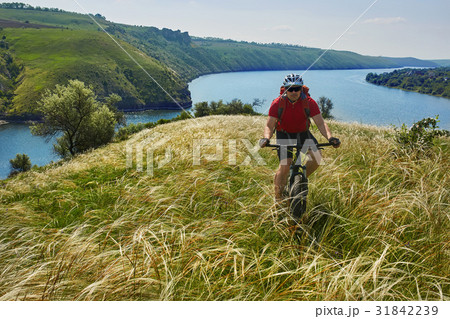 Young cyclist cycling in the green summer meadow 31842239
