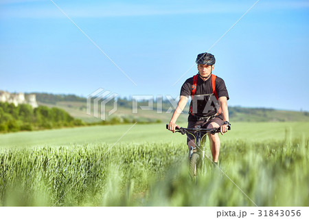 Attractive cyclist rides on the road in a field on 31843056