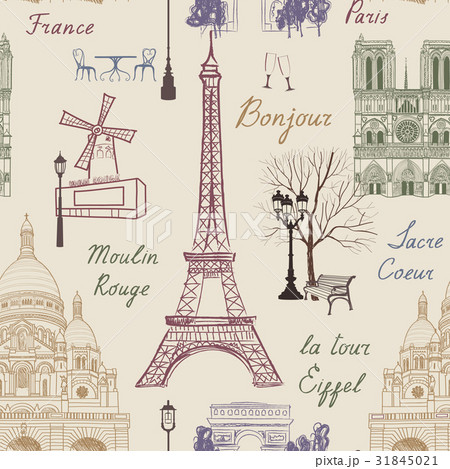 Travel Paris city pattern. Seamless background Travel Paris city pattern. Seamless background 31845021