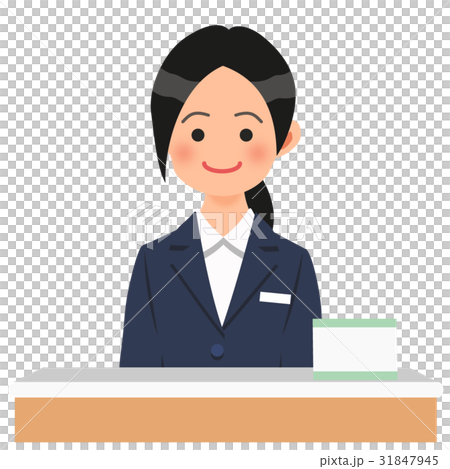 A woman in a navy blue suit that sits at the reception desk A woman in a navy blue suit that sits at the reception desk 31847945