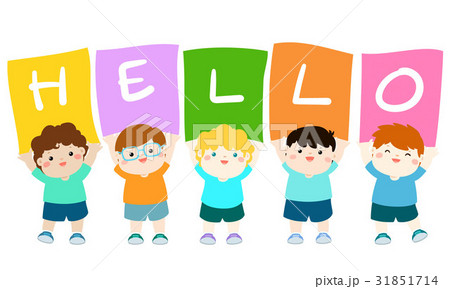 Kids Holding Hello Board Vector のイラスト素材