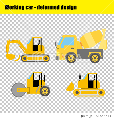 働く車のイラストセット ショベルカー シャベルカー タンクローリー ロードローラー ブルドーザーのイラスト素材