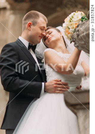 Groom is hugging the bride back. The close-up view Groom is hugging the bride back. The close-up view 31857824