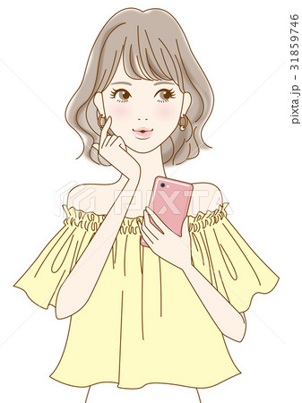 スマホを持った女性 イエロー のイラスト素材