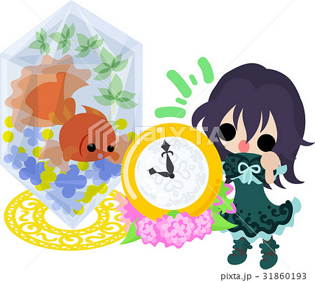 可愛い女の子と金魚鉢と時計のイラスト素材
