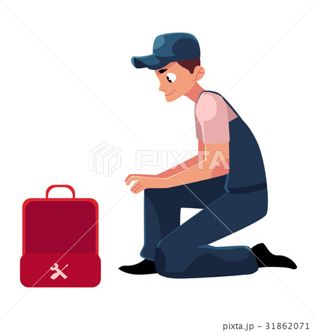 Smiling plumbing specialist, plumber sitting with 31862071