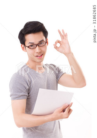 smart happy smiling nerd man showing ok hand sign smart happy smiling nerd man showing ok hand sign 31862685