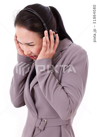 sad, unhappy customer service staff with headset 31864080