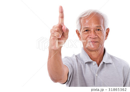 old man pointing 1 finger up, no.1 gesture 31865362