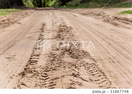 Tread marks on dry rural sandy road 31867748