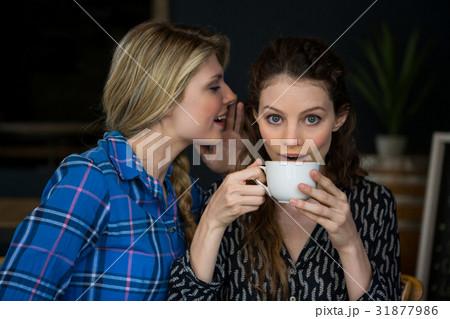 Woman whispering secret into female friend ear in cafe 31877986