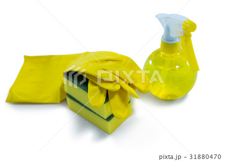 Close up of sponge with spray bottle and glove 31880470